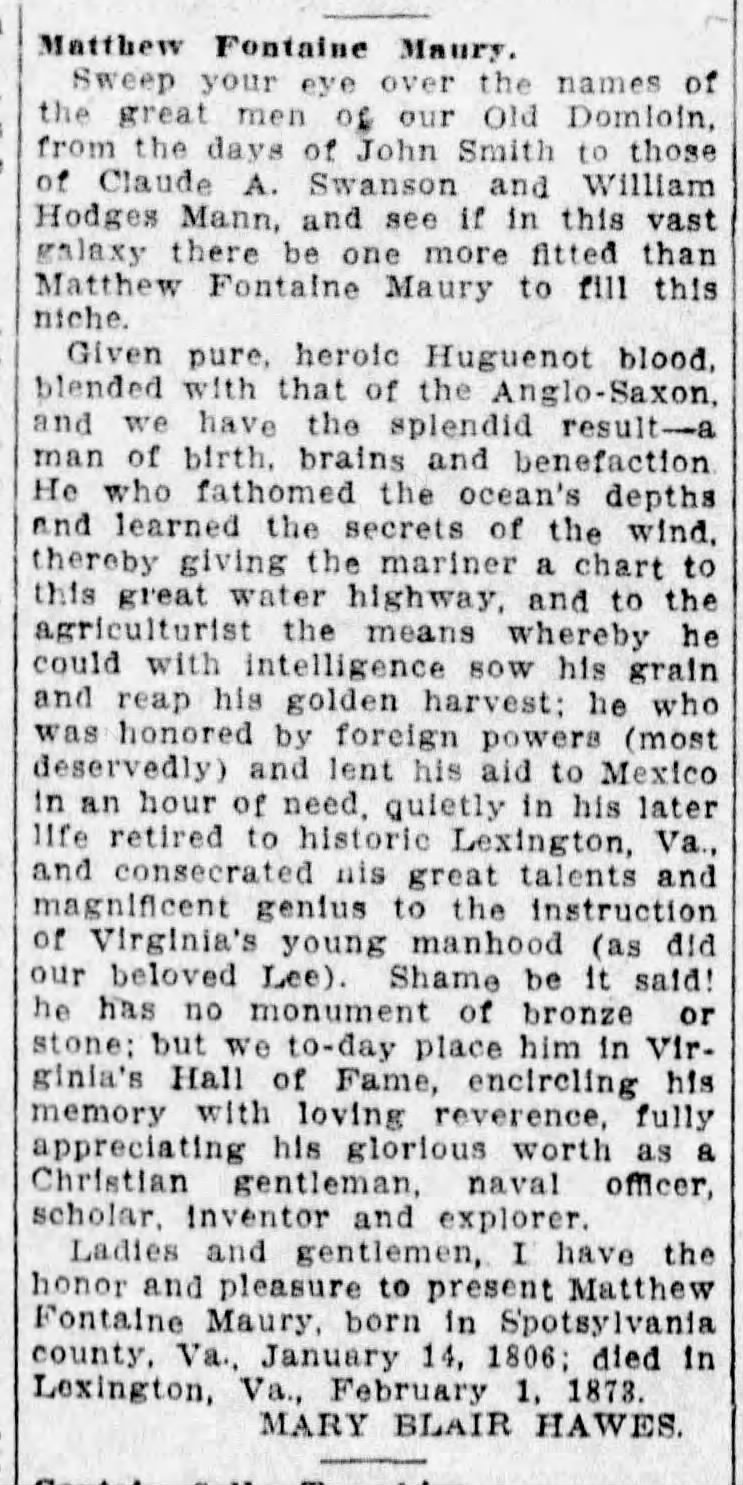 Matthew Fontaine Maury: Richmond Times-Dispatch · Jan 23, 1910