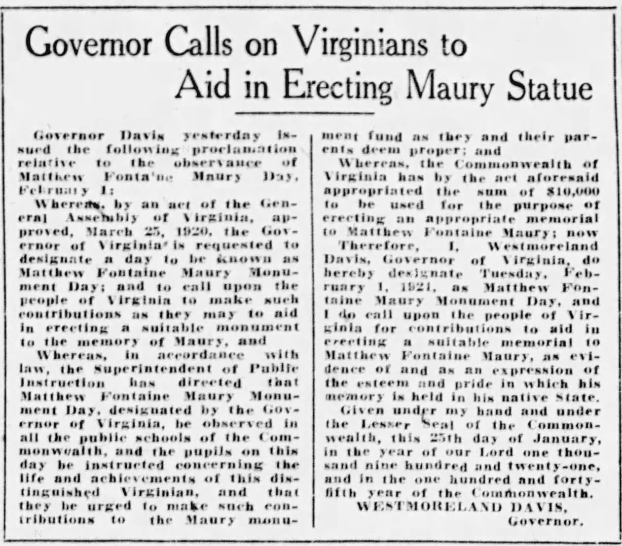 Matthew Fontaine Maury: Richmond Times-Dispatch · Jan 29, 1921