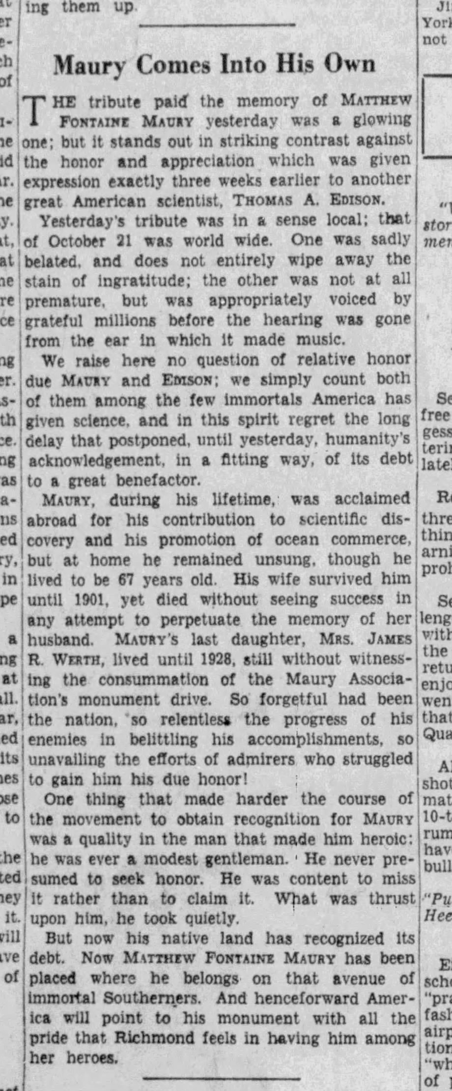 Matthew Fontaine Maury: Richmond Times-Dispatch · Nov 12, 1929