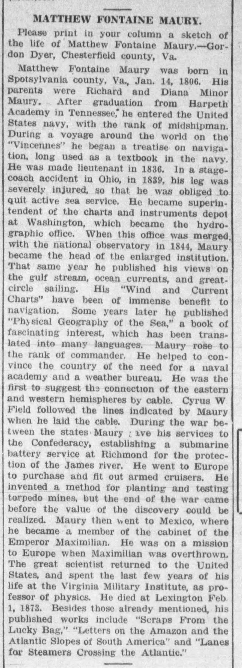 Matthew Fontaine Maury: Richmond News Leader · Mar 20, 1933