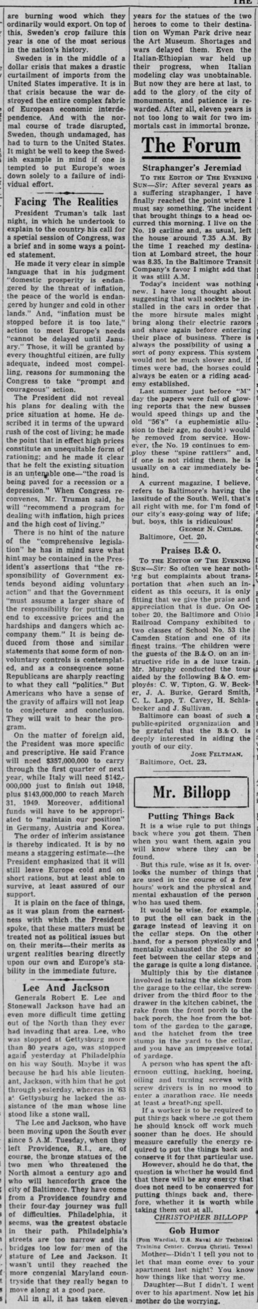 Lee-Jackson Newspaper: The Evening Sun · Oct 25, 1947