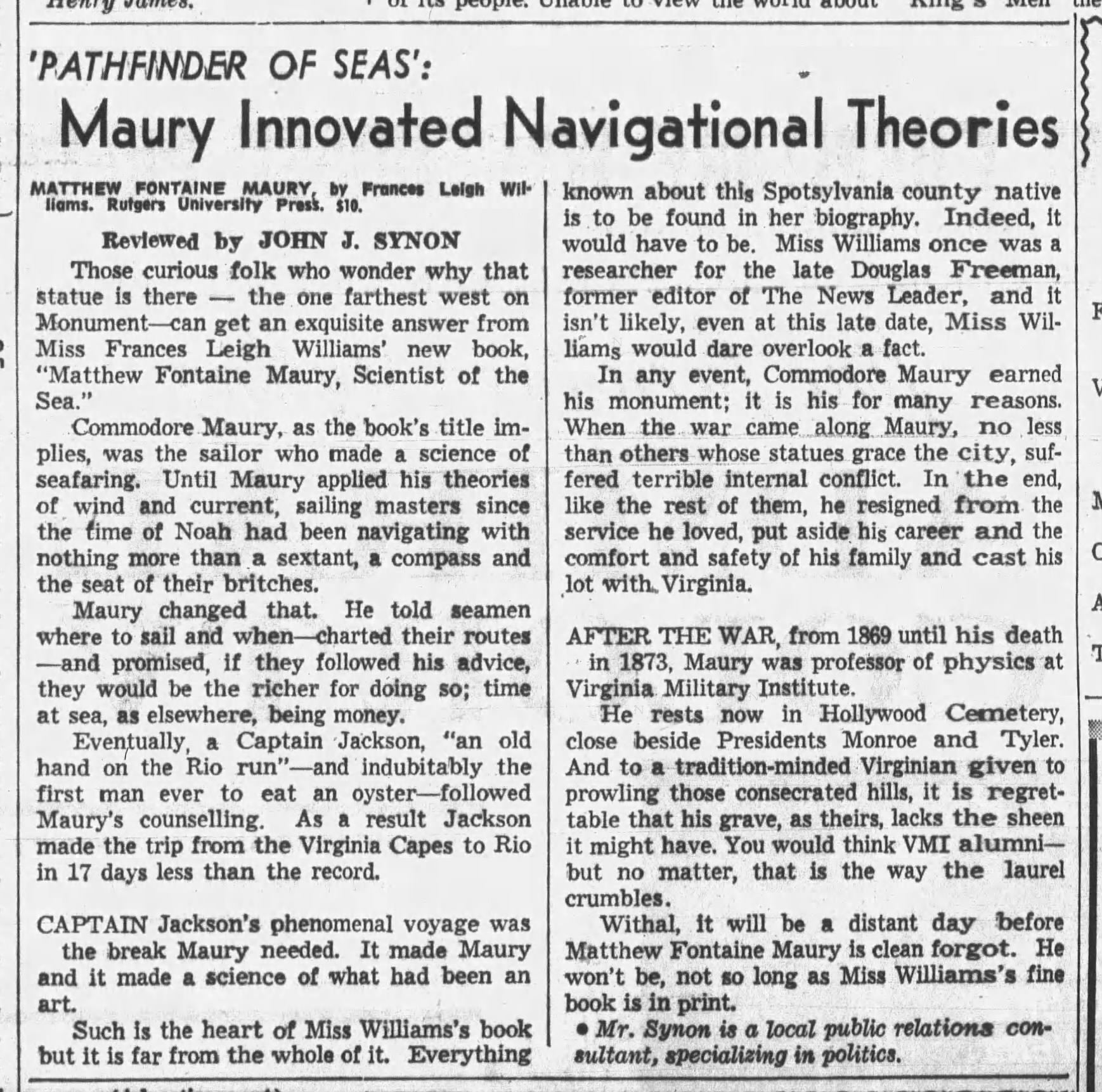 Matthew Fontaine Maury: Richmond News Leader · Nov 20, 1963