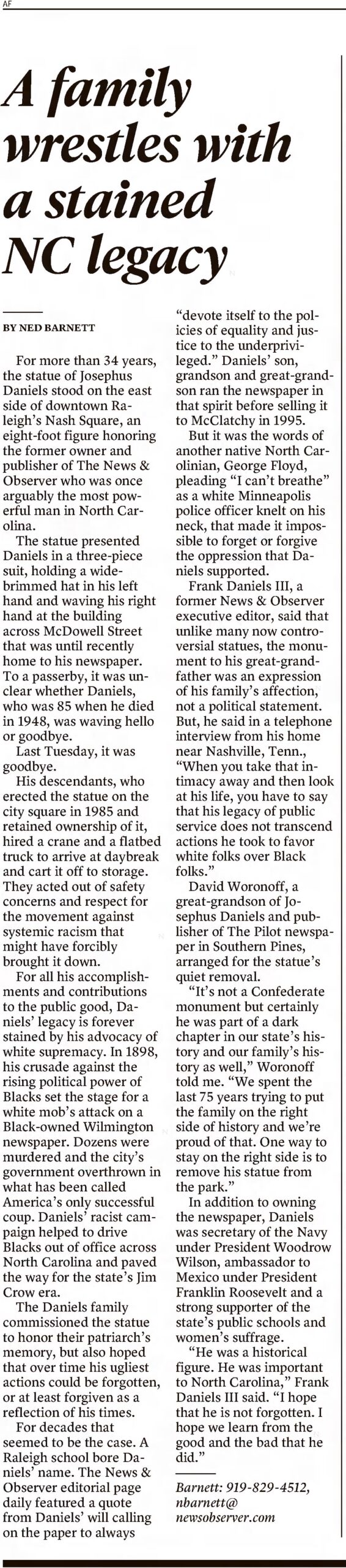 Josephus Daniels: The Raleigh News & Observer · Jun 21, 2020