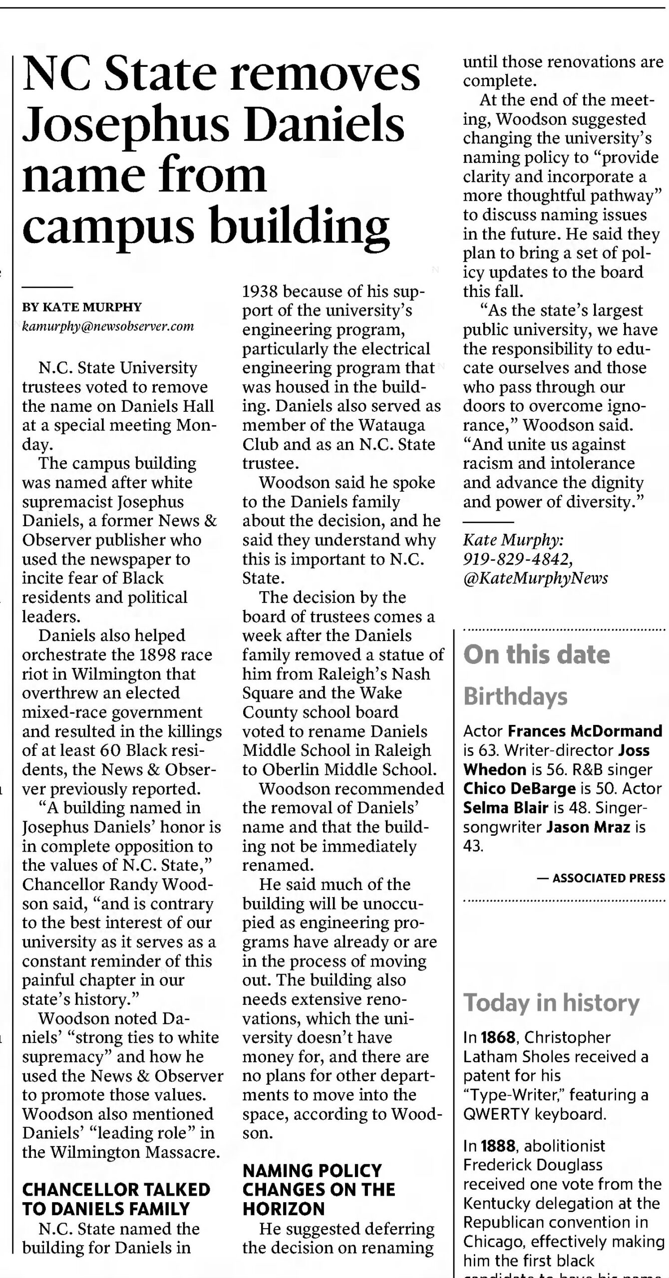 Josephus Daniels: The Raleigh News & Observer · Jun 23, 2020