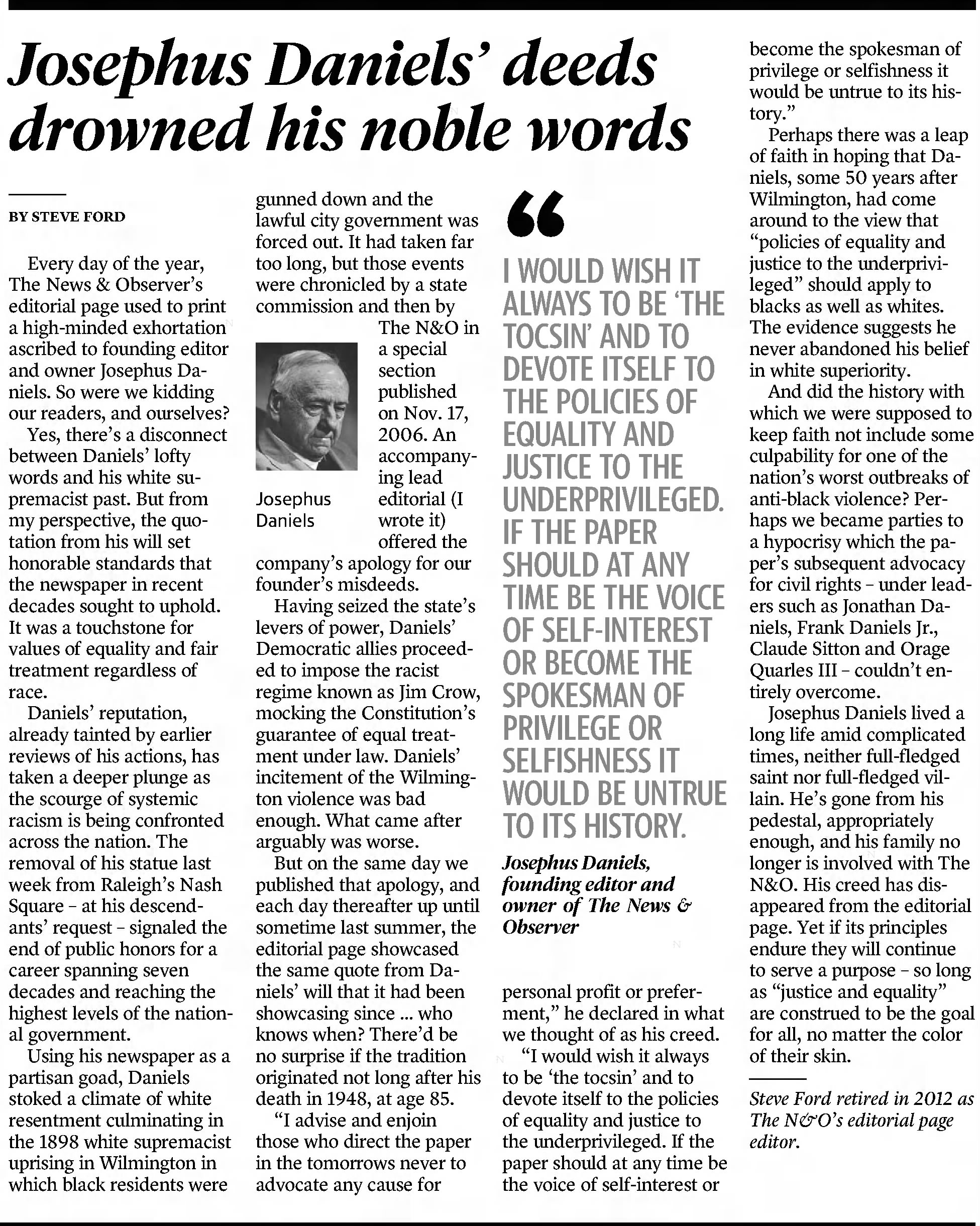 Josephus Daniels: The Raleigh News & Observer · Jun 25, 2020