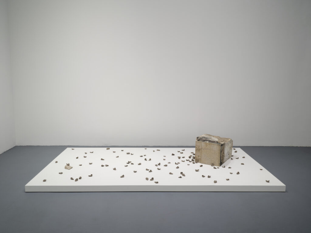 Scattered rose petals carved from granite sit amidst a large slab of granite (front view)
