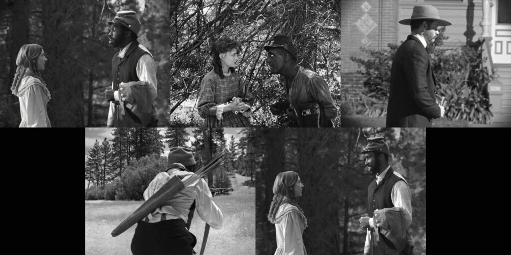 Five channel video installation that is set in Reconstruction era South Carolina. Three channels show a white woman speaking with a Black man in an army uniform. The Black man is played by three different actors, one of whom is a white man in blackface. In one channel a white man is shown in profile walking through town. In the final channel, a man hunting in a field with bow and arrows is shown from behind.